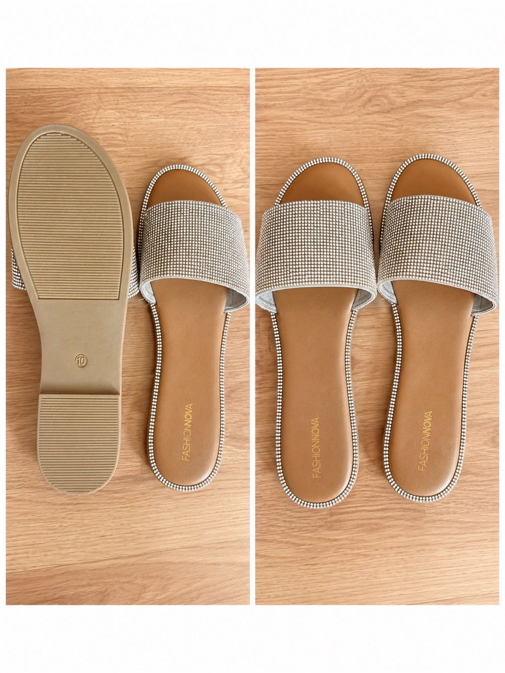 Fashion Nova Rhinestone-Trim Tan Slide Sandals